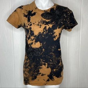 Eddy & Bridge Tie Dye Tee Butterfly Sequins Appliqué Small Tan Black T-Shirt